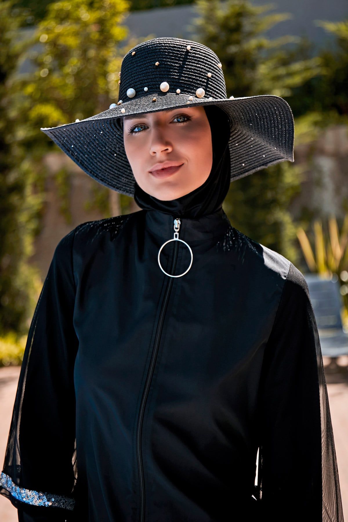 İncili Siyah Geniş Hasır Şapka 1423210