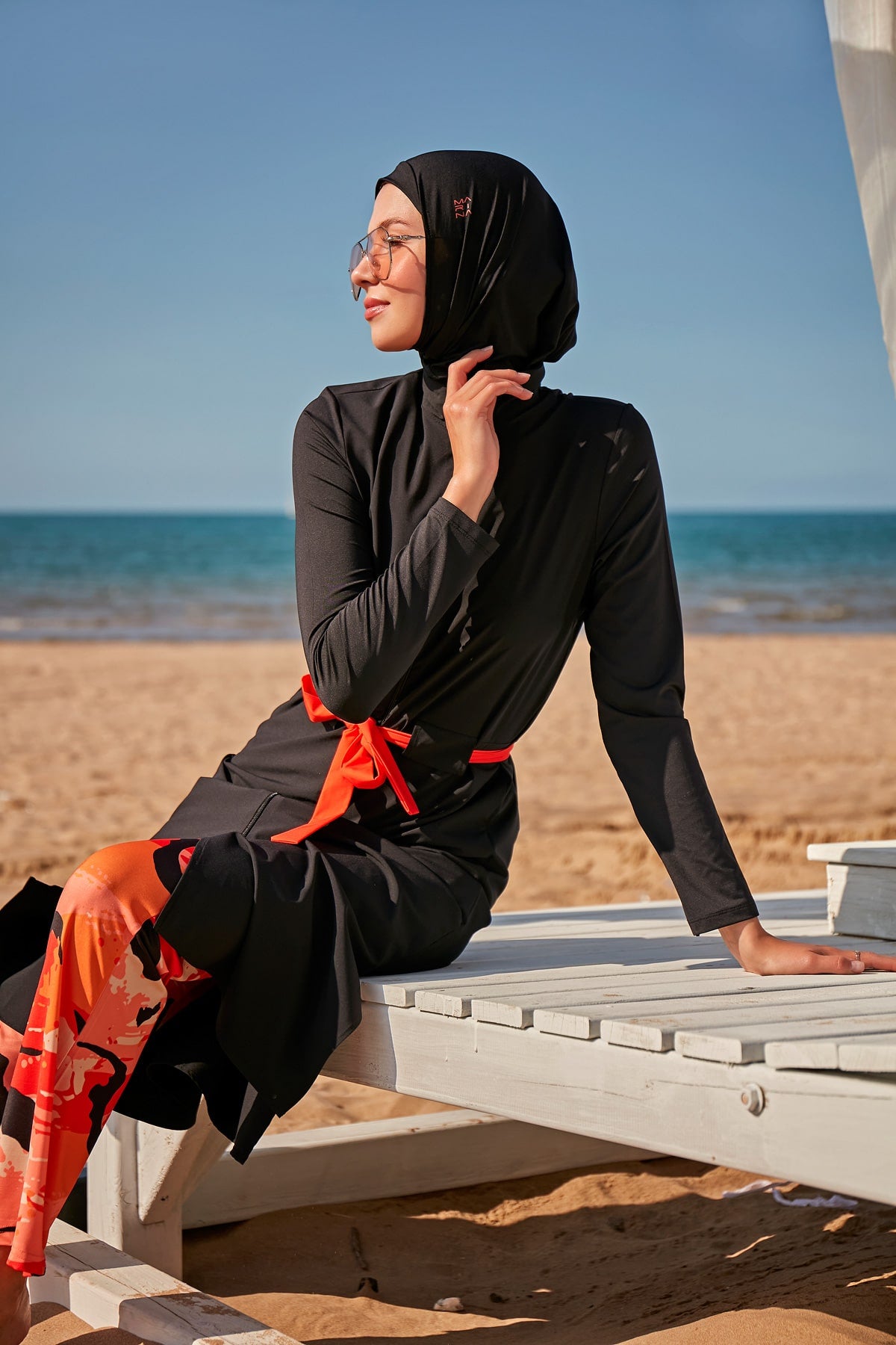 Girls Modest Teen Swimwear Black Patterned Orange Belted 4-Piece Set G2311 Secondary image