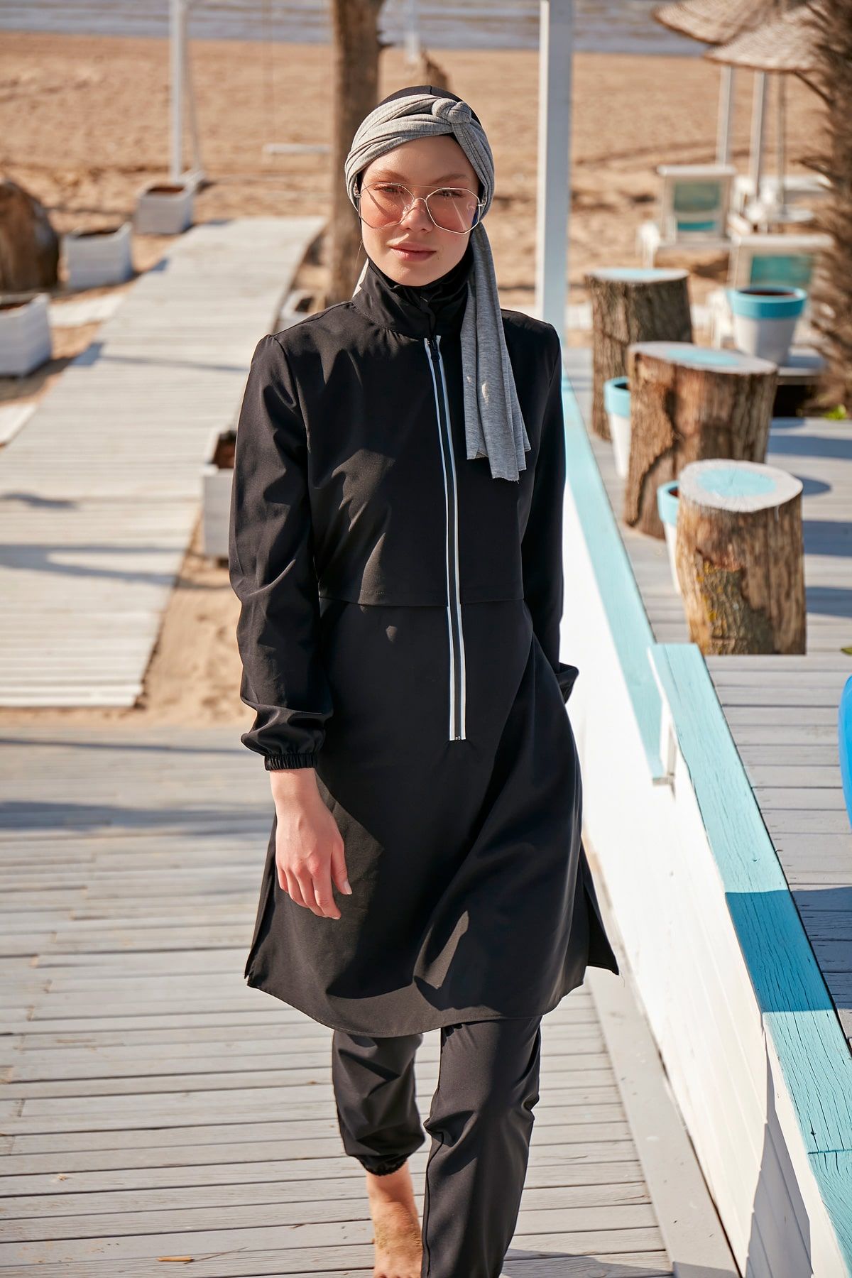 Woven Black Burkini Modest Swimwear M2314