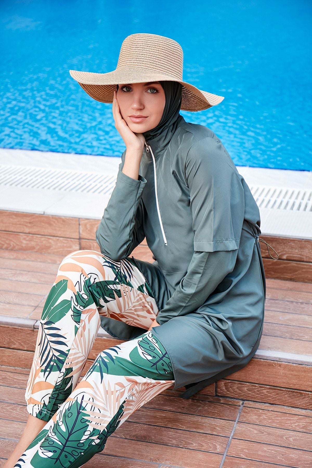 Woven Khaki Burkini Modest Swimwear M2261