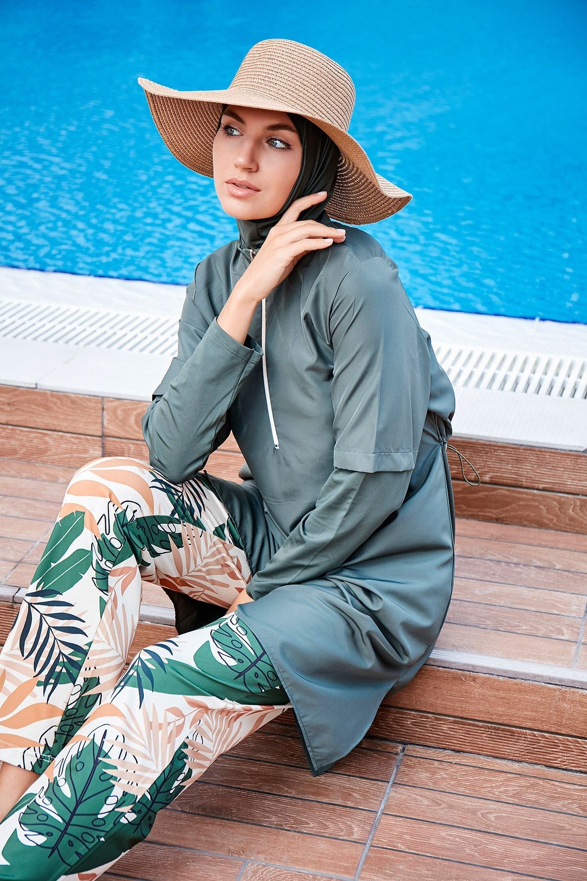 Woven Khaki Burkini Modest Swimwear M2261