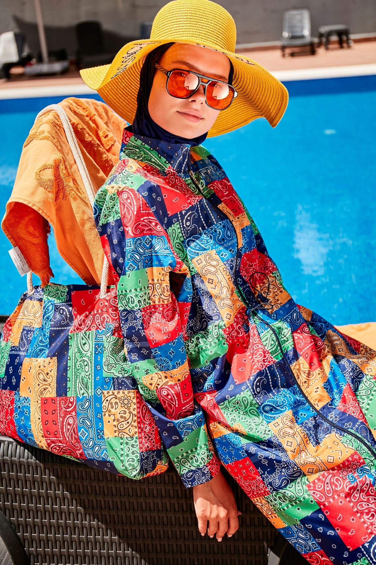 ملابس سباحة محتشمة بوركيني منسوجة باللون الأزرق البحري R2319 الصورة الرئيسية