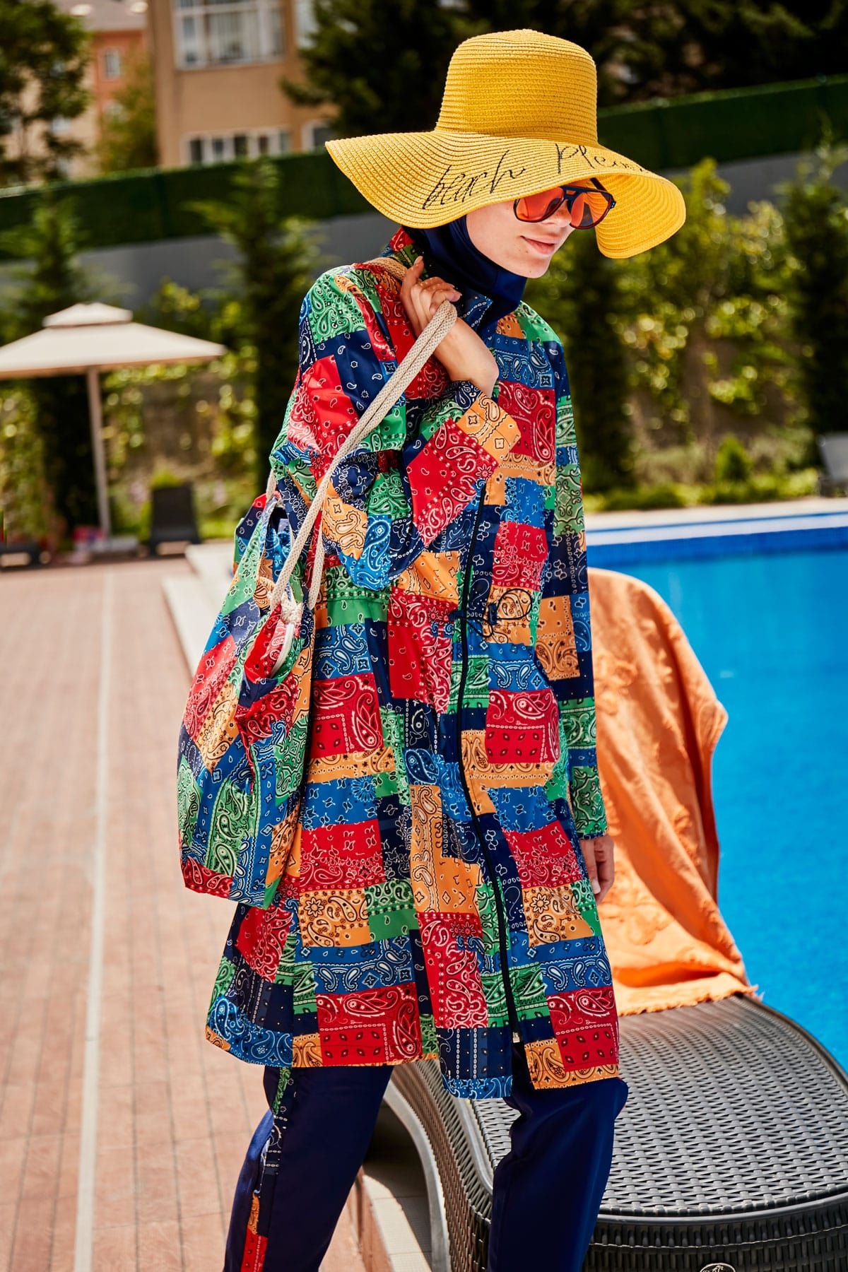 ملابس سباحة محتشمة بوركيني منسوجة باللون الأزرق البحري R2319