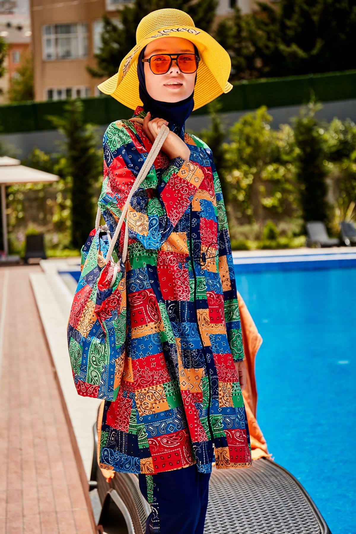 ملابس سباحة محتشمة بوركيني منسوجة باللون الأزرق البحري R2319