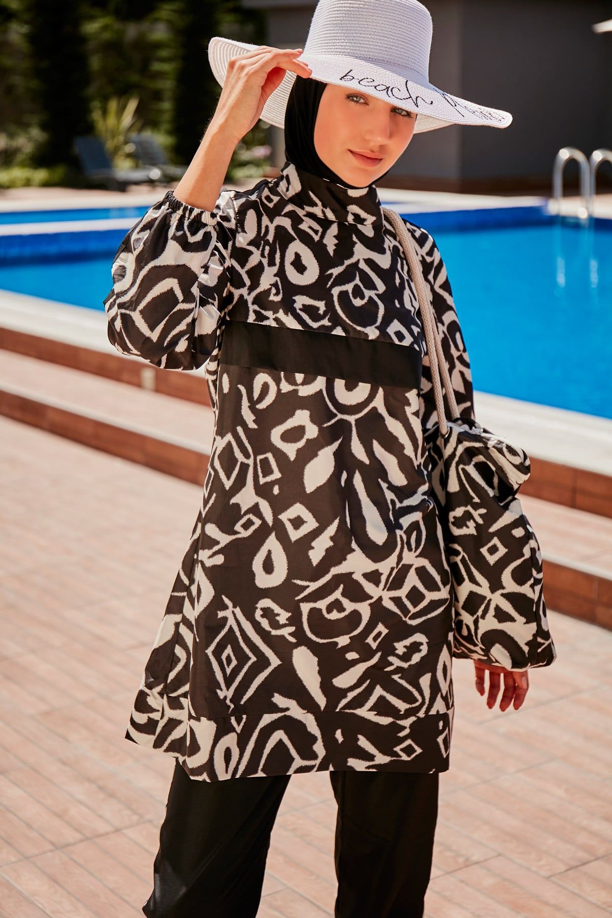 Woven Black Burkini Modest Swimwear R2304