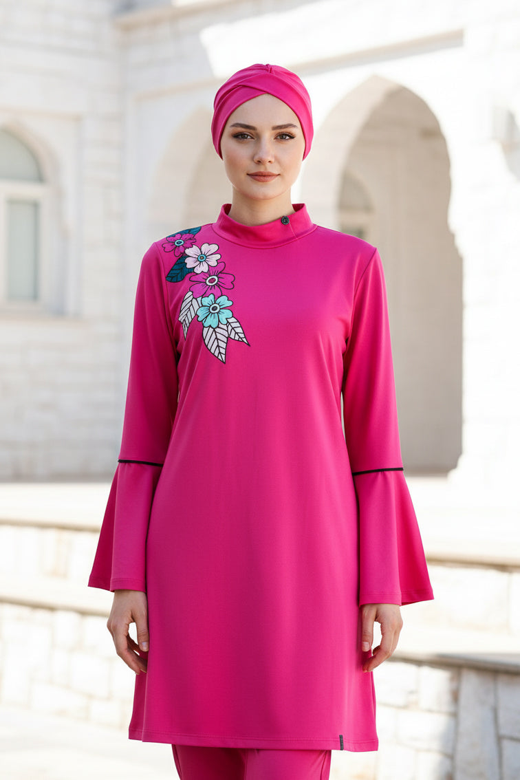 Fully Covered Fuchsia Lycra Burkini Modest Swimwear Set – 4 Piece Model M2008