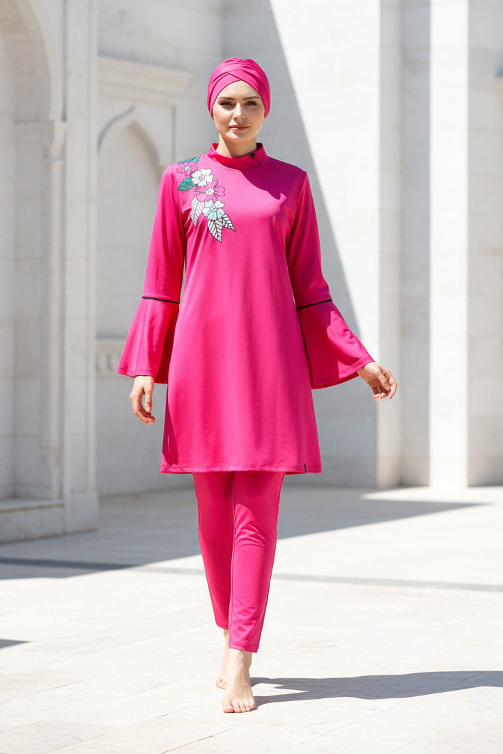 طقم ملابس سباحة محتشمة من الليكرا الفوشيا، يغطي الجسم بالكامل - 4 قطع، موديل M2008