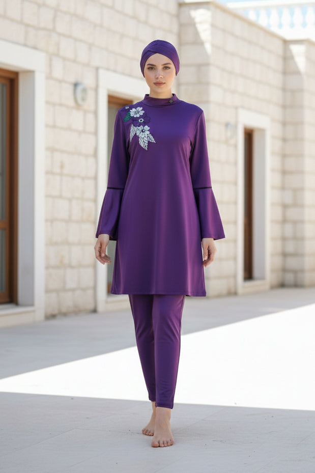 Fully Covered Purple Floral Patterned Lycra Burkini Modest Swimwear Set – 4 Piece Model M2008