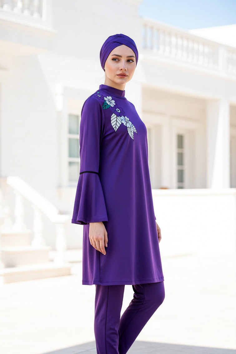 Fully Covered Purple Floral Patterned Lycra Burkini Modest Swimwear Set – 4 Piece Model M2008 Secondary image