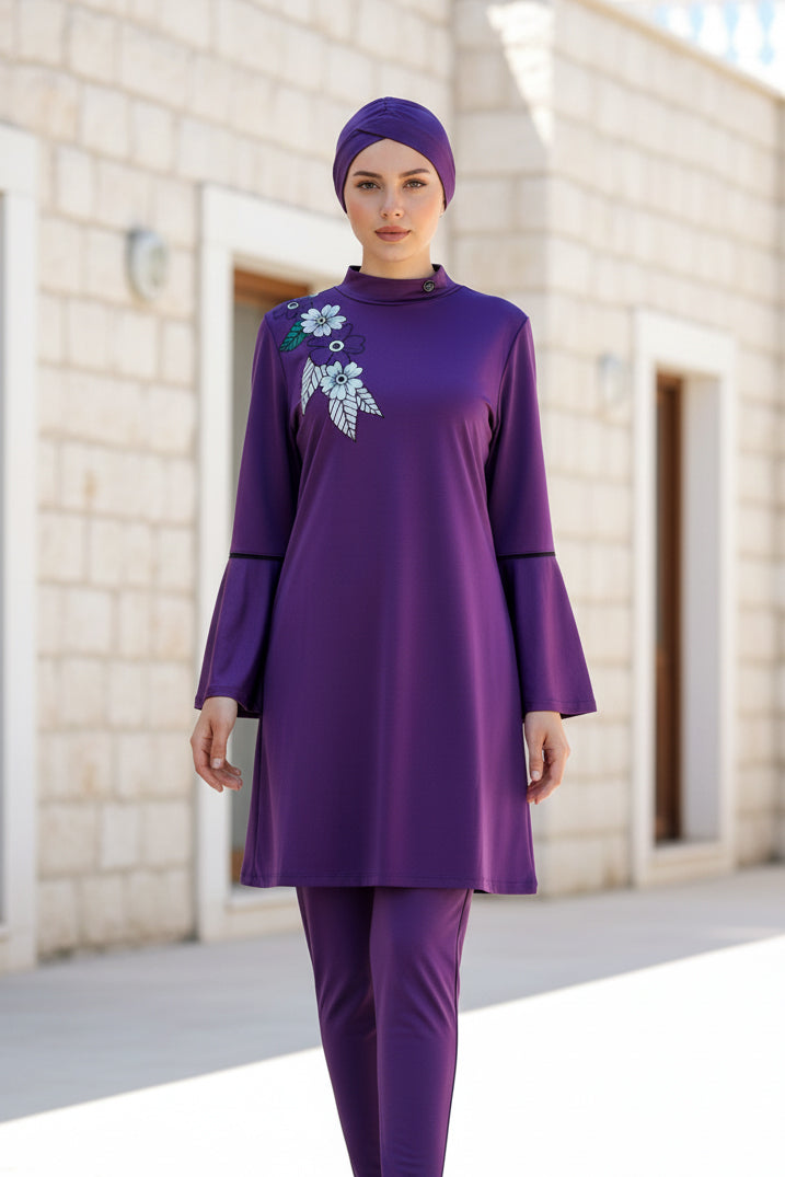 Fully Covered Purple Floral Patterned Lycra Burkini Modest Swimwear Set – 4 Piece Model M2008