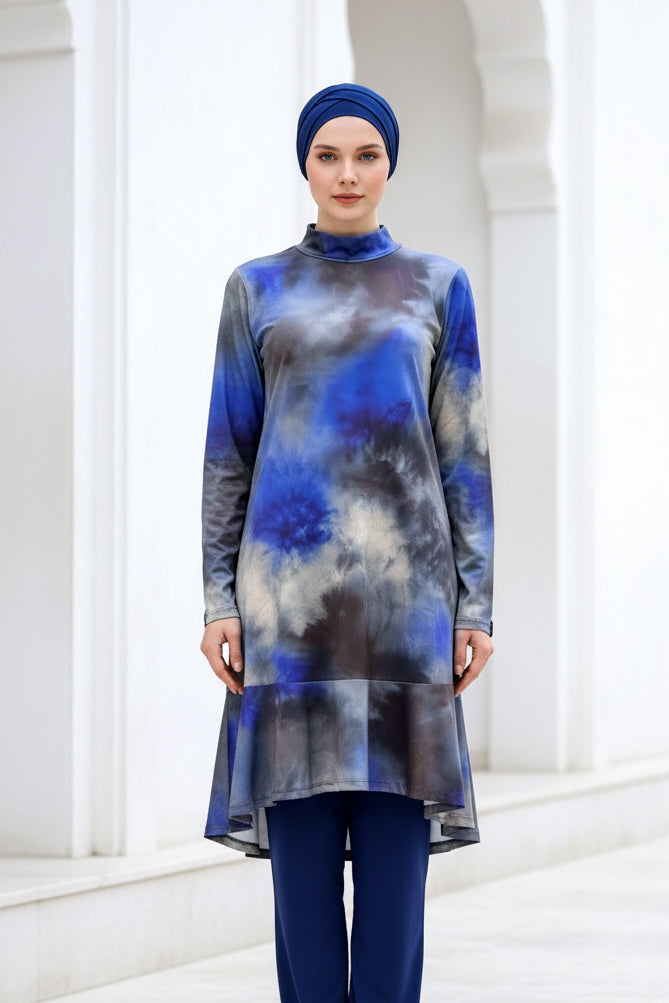 طقم ملابس سباحة محتشمة من الليكرا بنقوش باللون الأزرق الداكن، يغطي الجسم بالكامل - 4 قطع، موديل M2022