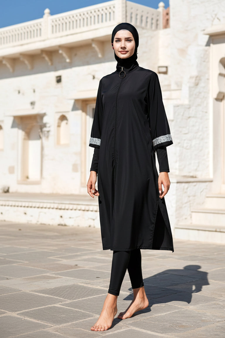 Fully Covered Black Parachute Fabric Burkini Modest Swimwear Set – 3 Piece Model M2032