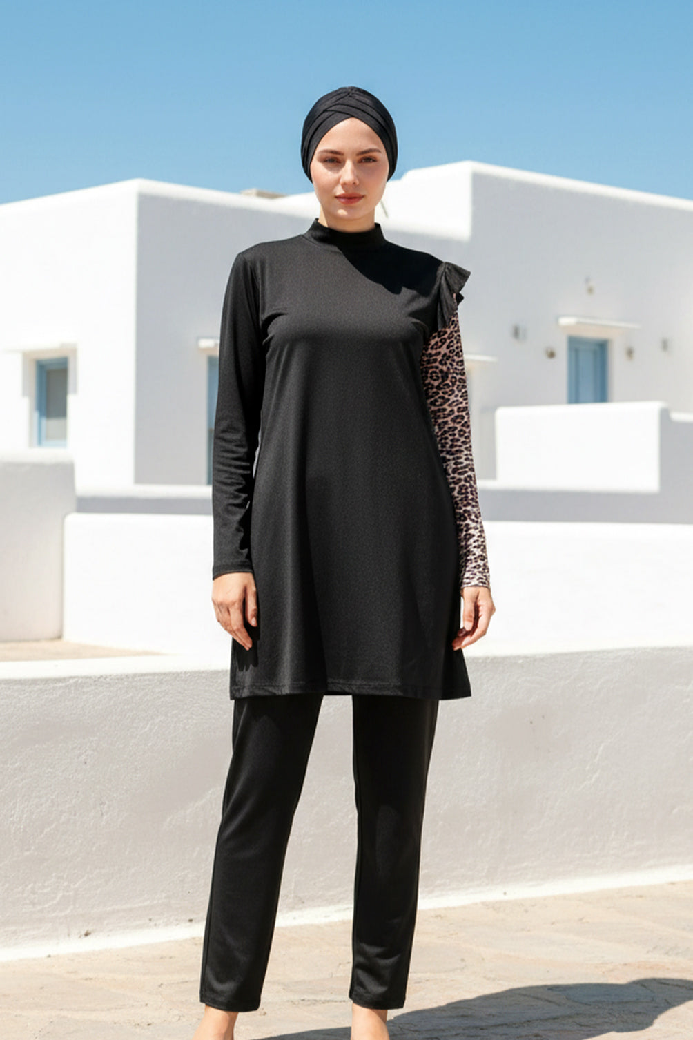 Fully Covered Black Lycra Burkini Modest Swimwear Set with Leopard Accents – 4 Piece Model M2101