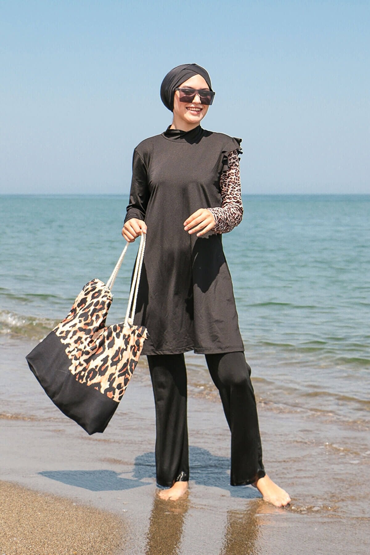 Fully Covered Black Lycra Burkini Modest Swimwear Set with Leopard Accents – 4 Piece Model M2101