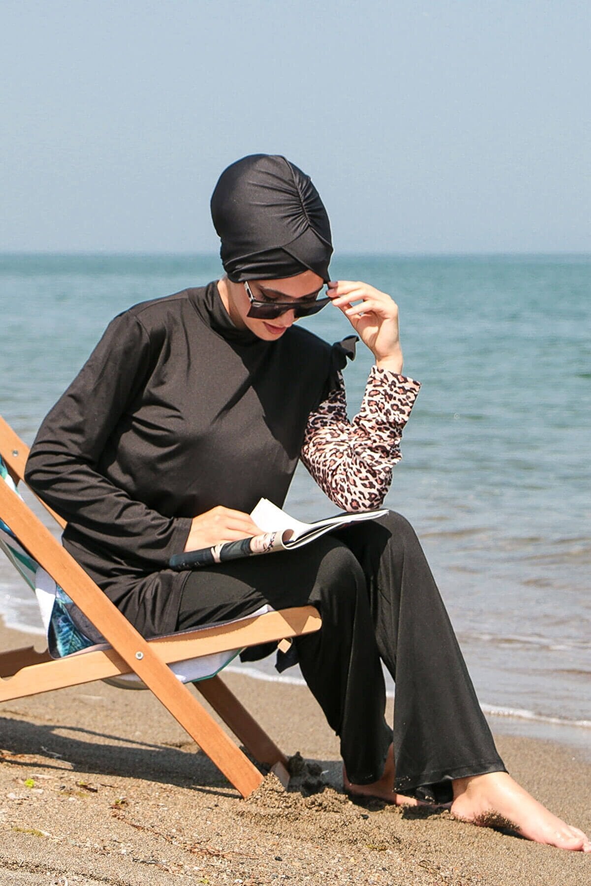Fully Covered Black Lycra Burkini Modest Swimwear Set with Leopard Accents – 4 Piece Model M2101