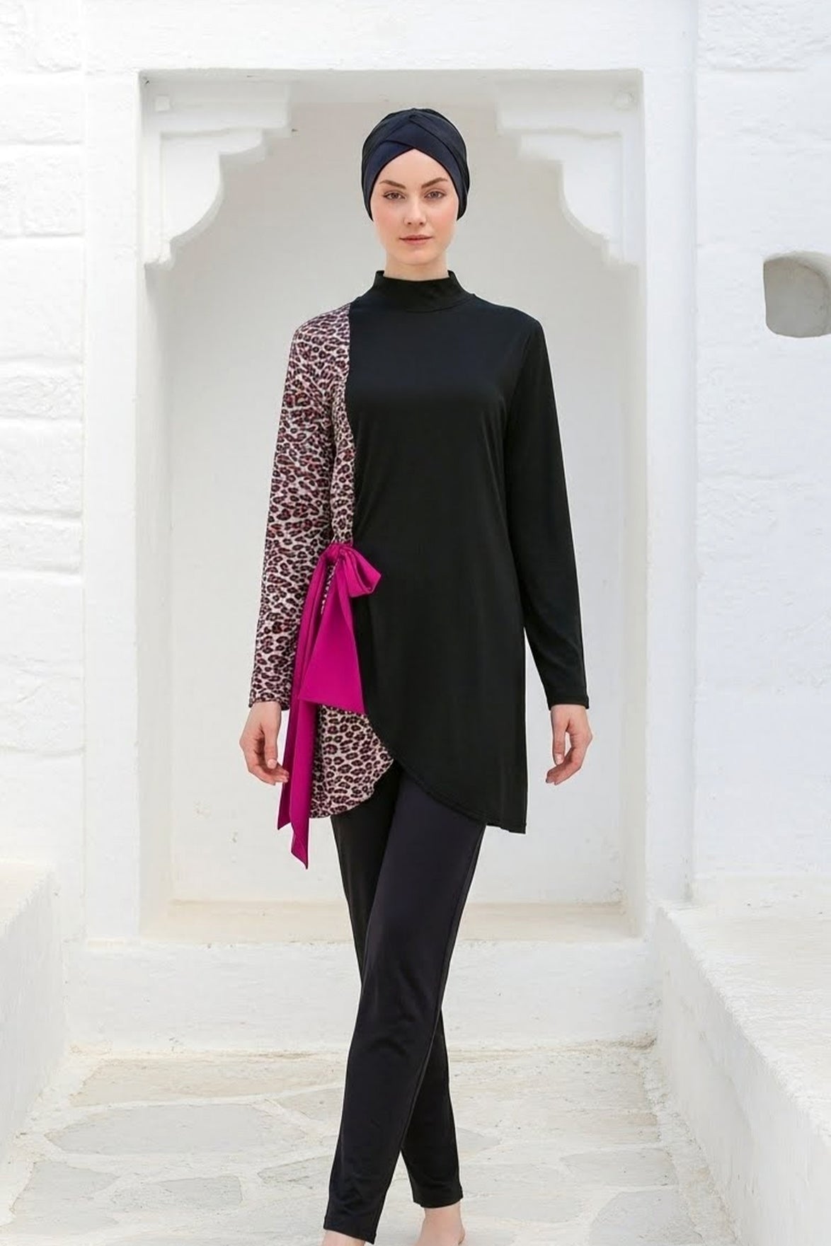 Fully Covered Black Leopard Print Lycra Burkini Modest Swimwear Set – 4 Piece Model M2104