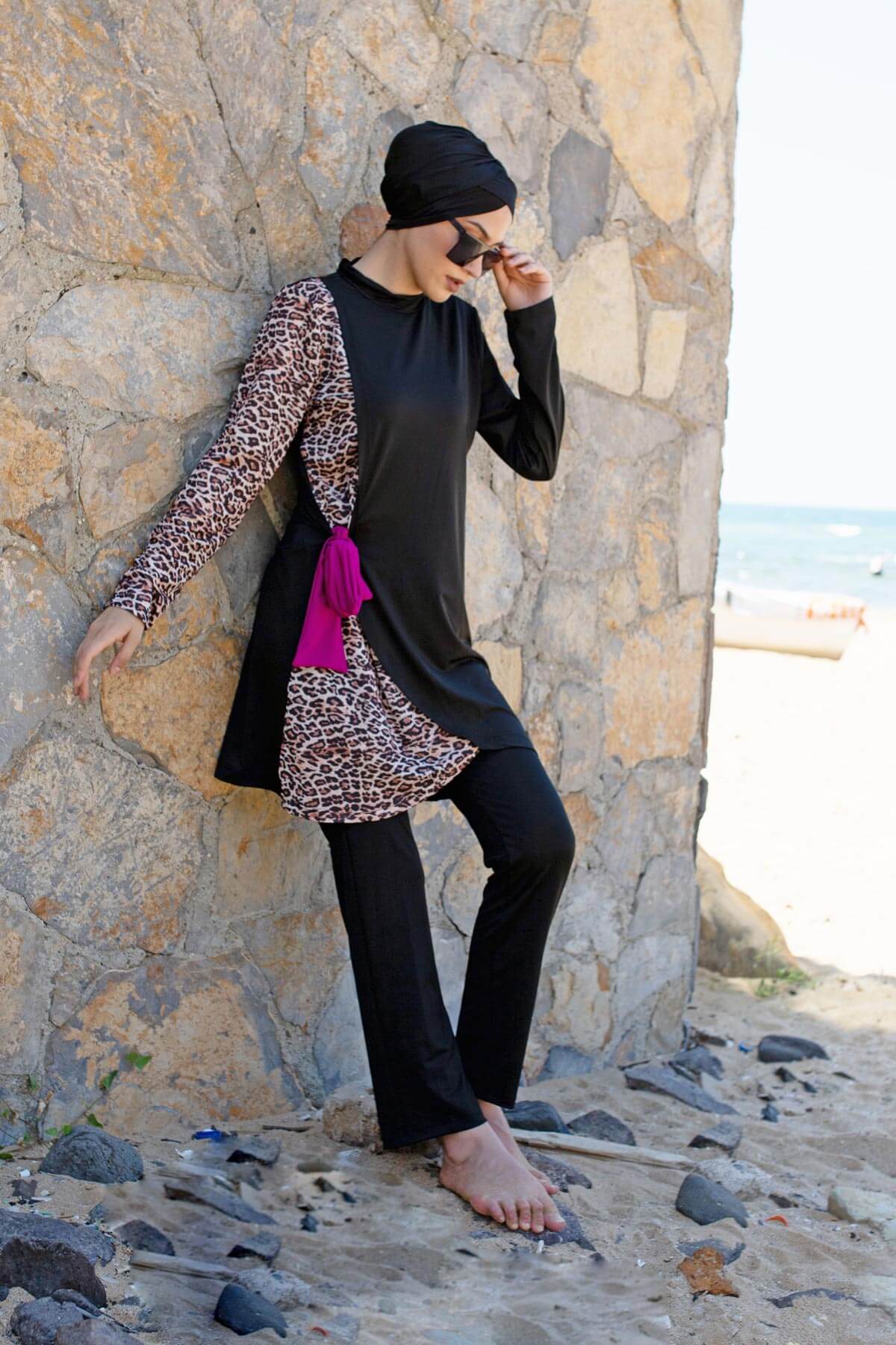 Fully Covered Black Leopard Print Lycra Burkini Modest Swimwear Set – 4 Piece Model M2104