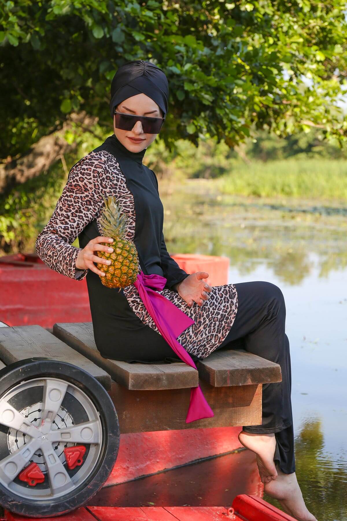 Fully Covered Black Leopard Print Lycra Burkini Modest Swimwear Set – 4 Piece Model M2104
