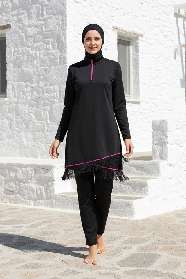 Fully Covered Black Lycra Burkini Modest Swimwear Set with Fuchsia Accents – 4 Piece Model M2105
