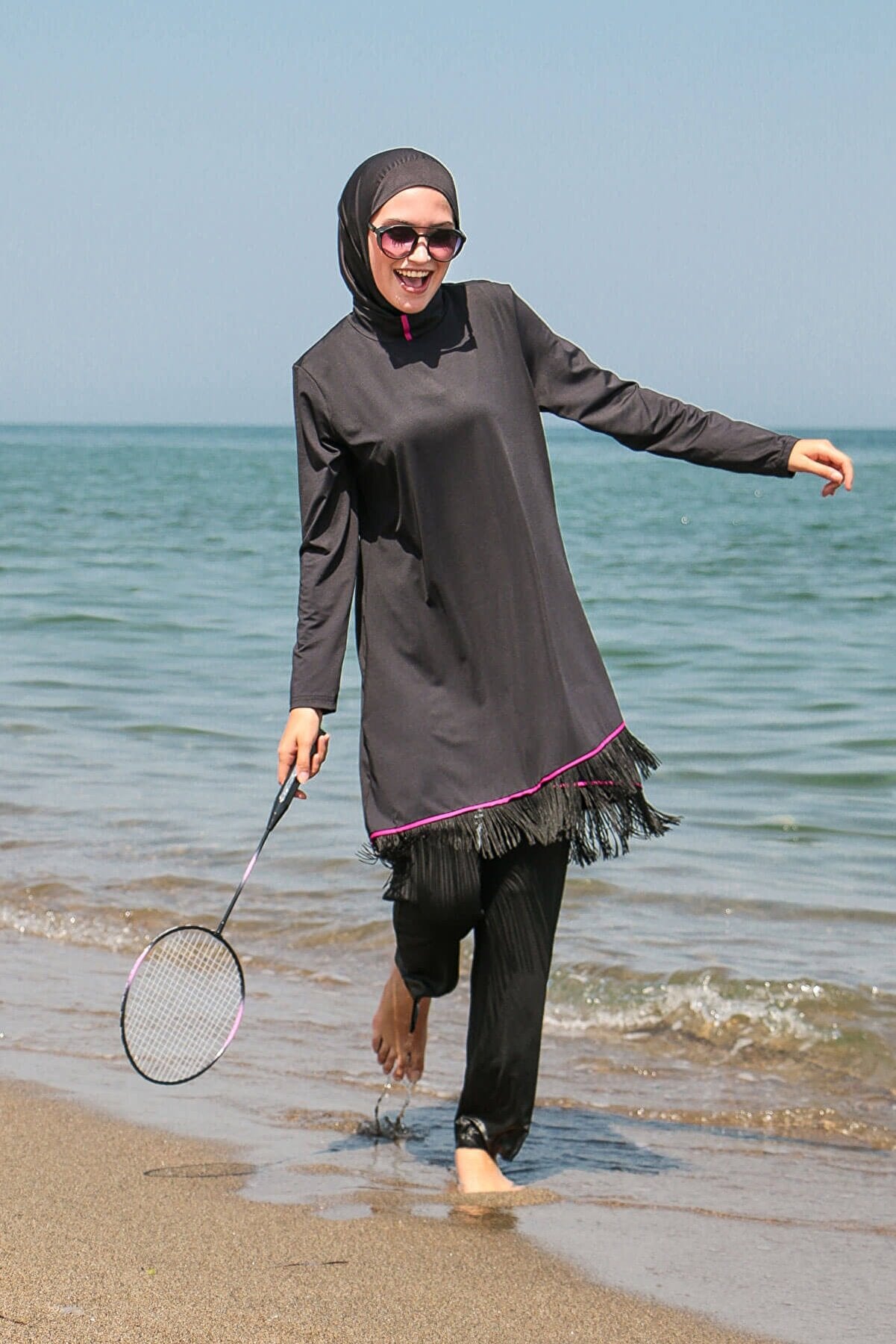 Fully Covered Black Lycra Burkini Modest Swimwear Set with Fuchsia Accents – 4 Piece Model M2105