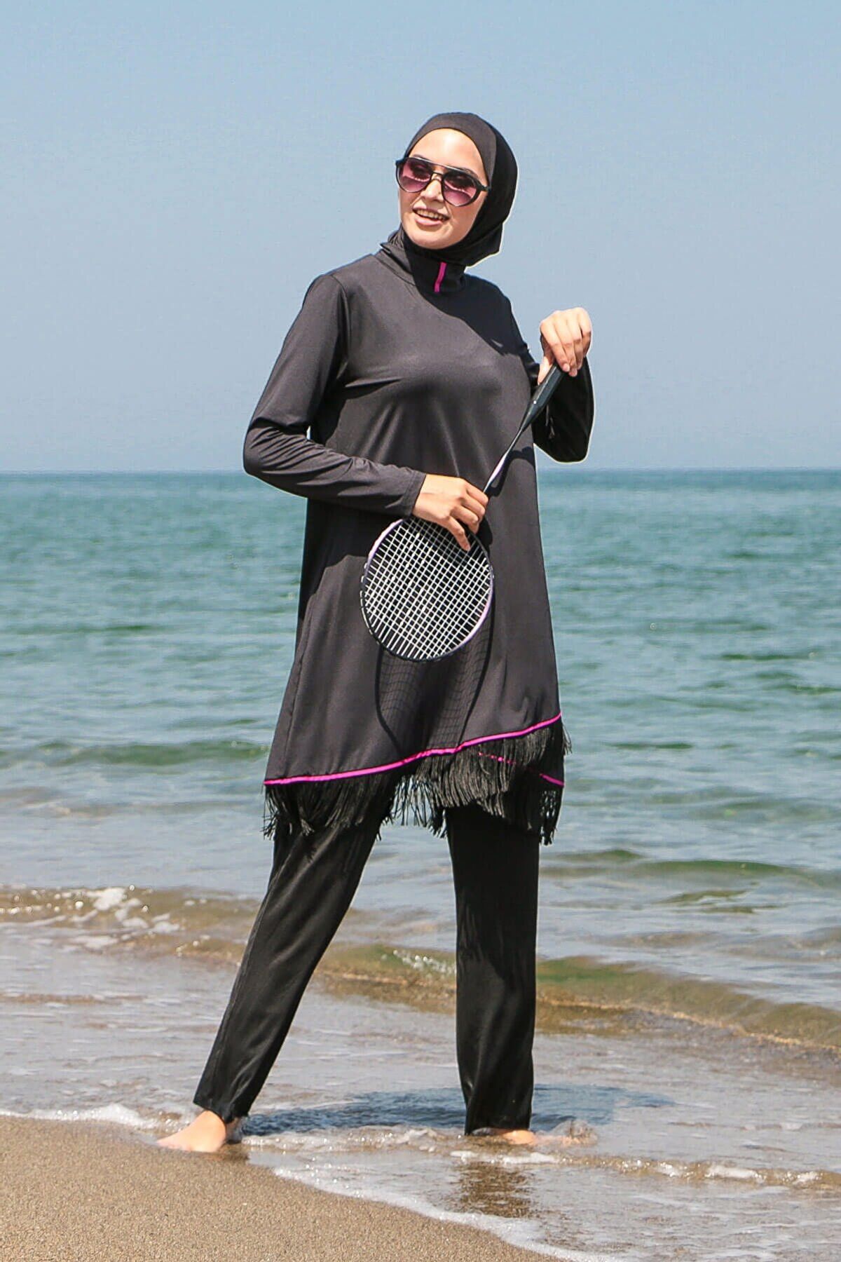 Fully Covered Black Lycra Burkini Modest Swimwear Set with Fuchsia Accents – 4 Piece Model M2105