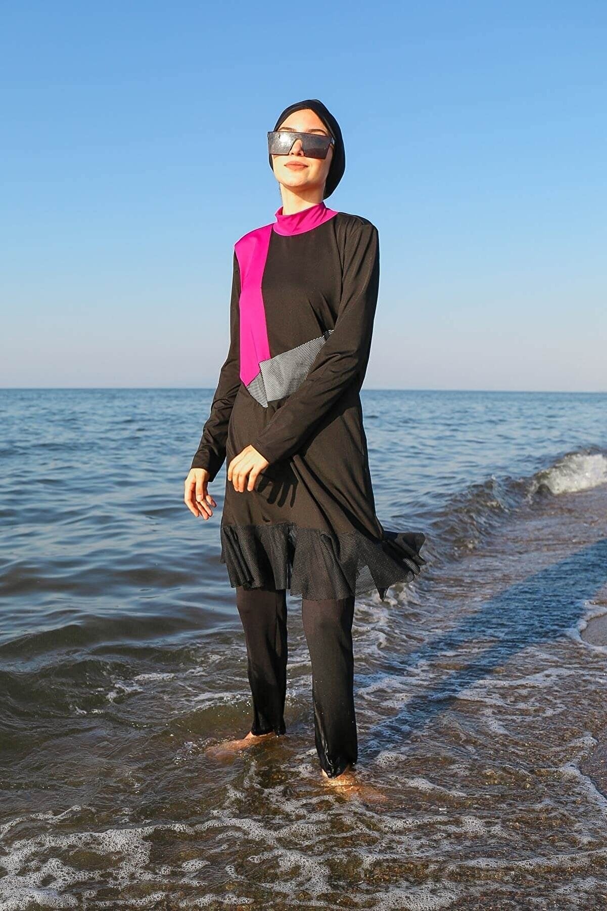 Fully Covered Black Lycra Burkini Modest Swimwear Set with Fuchsia Accents – 4 Piece Model M2106
