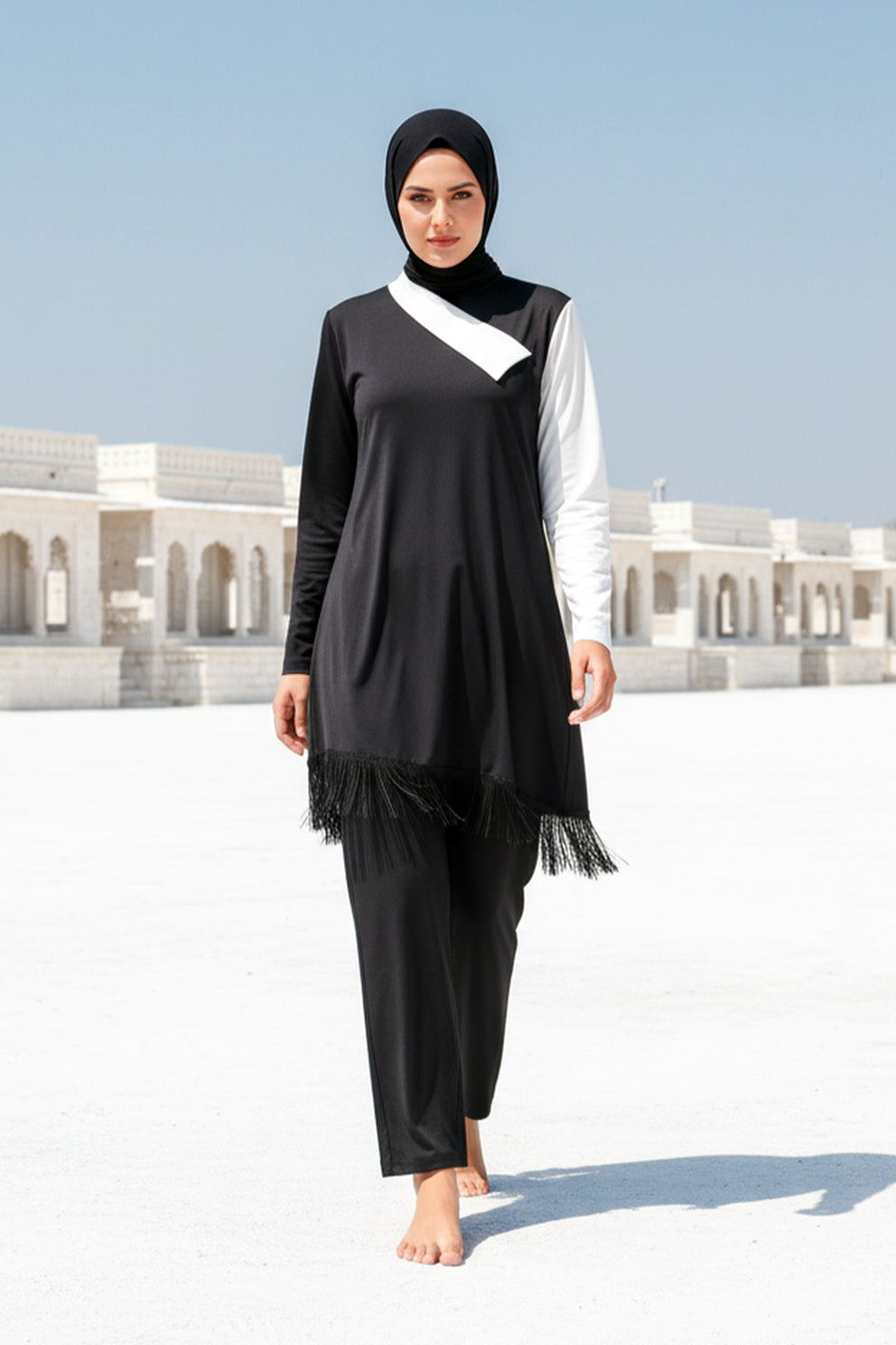 Fully Covered Black Lycra Burkini Modest Swimwear Set with White Accents – 4 Piece Model M2107