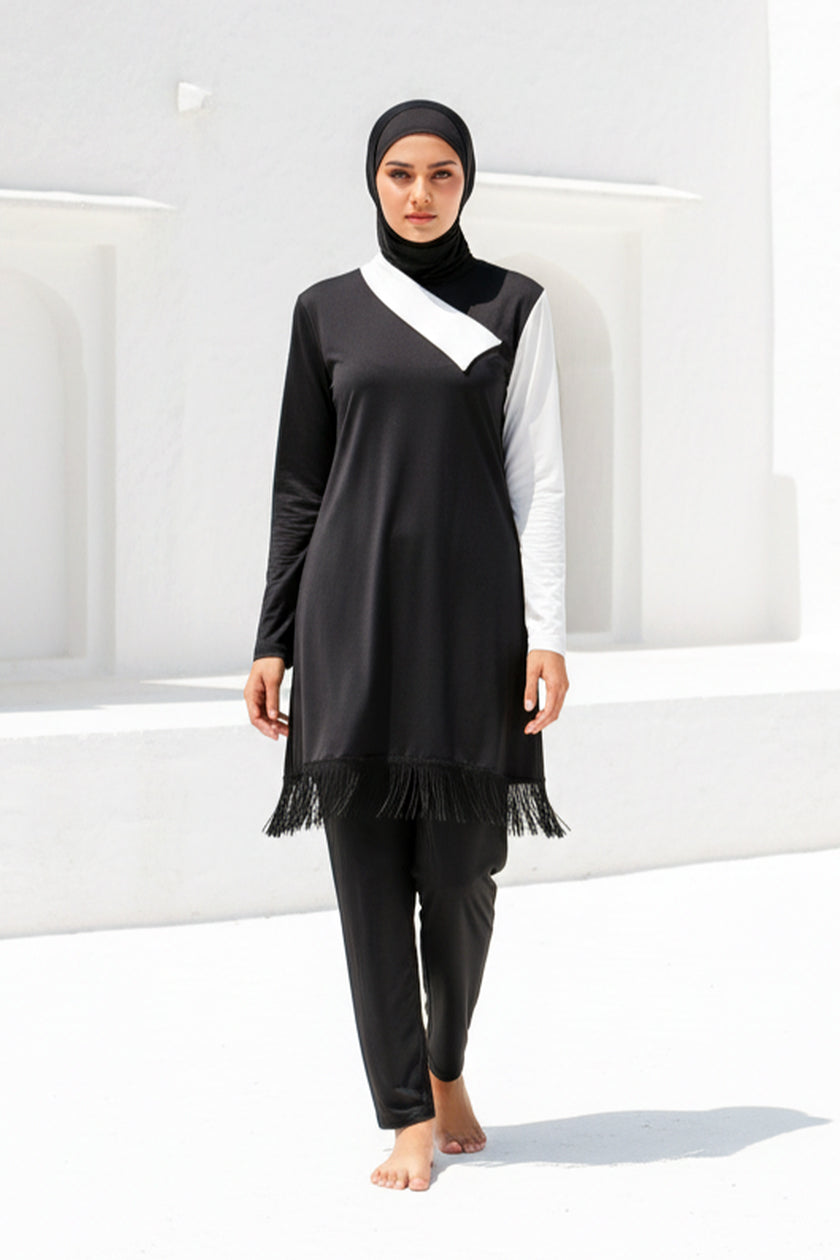 Fully Covered Black Lycra Burkini Modest Swimwear Set with White Accents – 4 Piece Model M2107