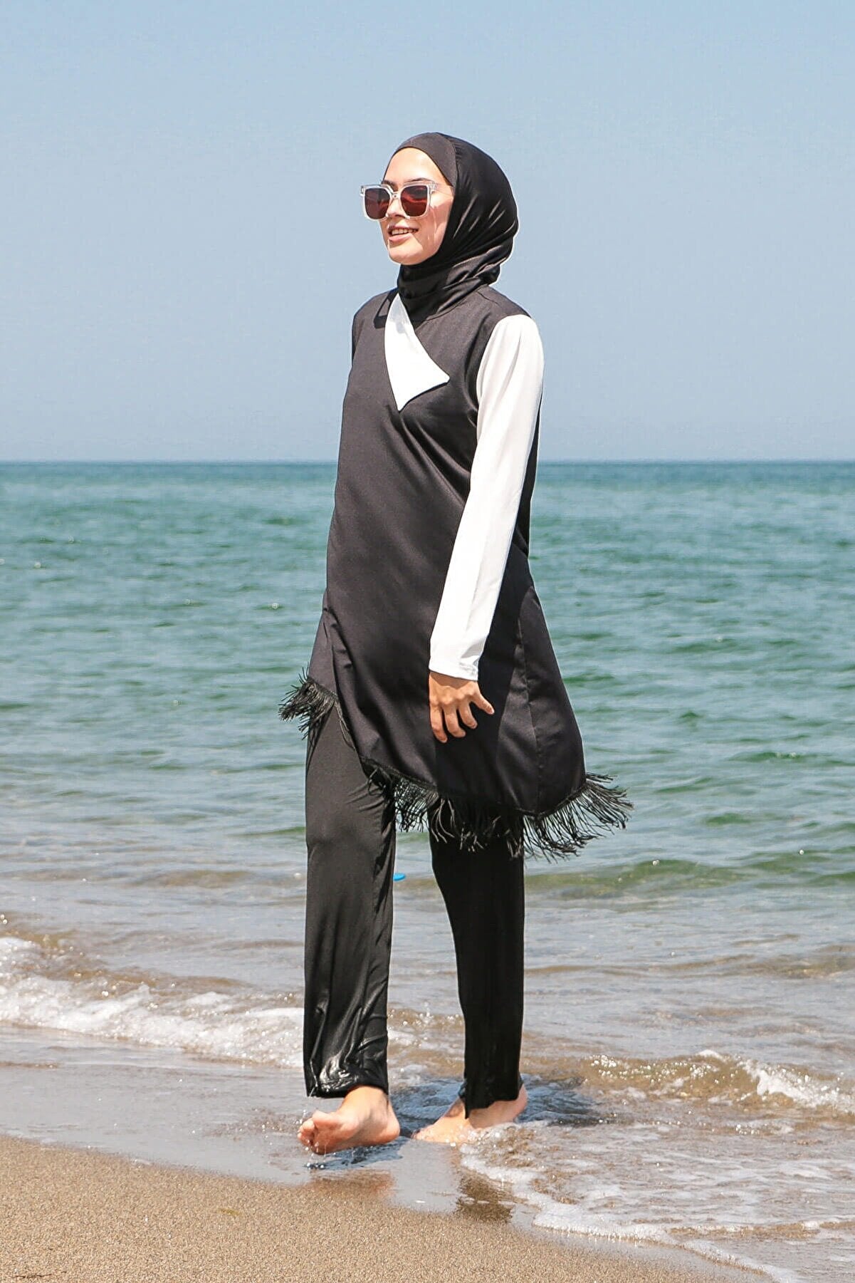 Fully Covered Black Lycra Burkini Modest Swimwear Set with White Accents – 4 Piece Model M2107