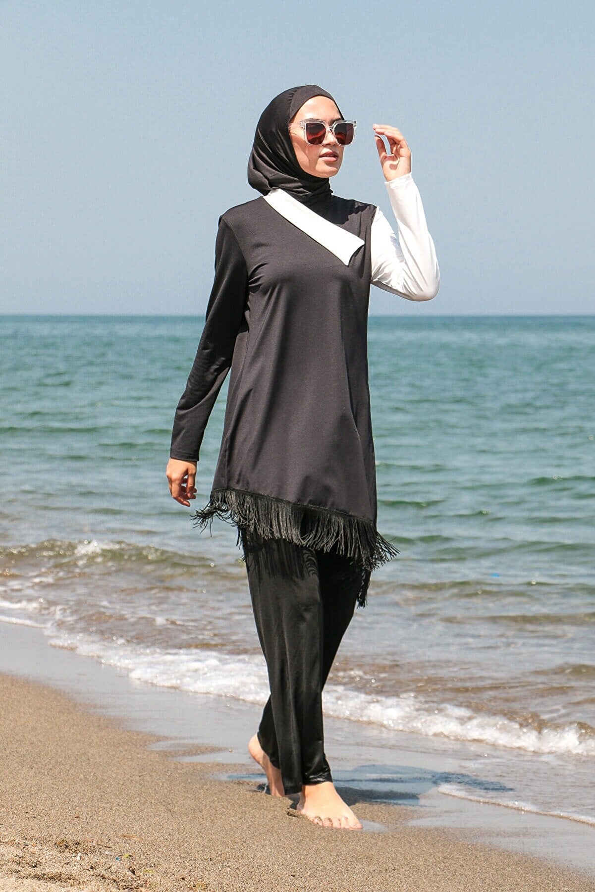 Fully Covered Black Lycra Burkini Modest Swimwear Set with White Accents – 4 Piece Model M2107