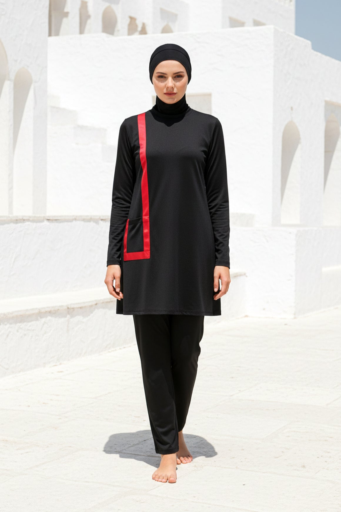 Fully Covered Black Lycra Burkini Modest Swimwear Set with Red Accents – 4 Piece Model M2109