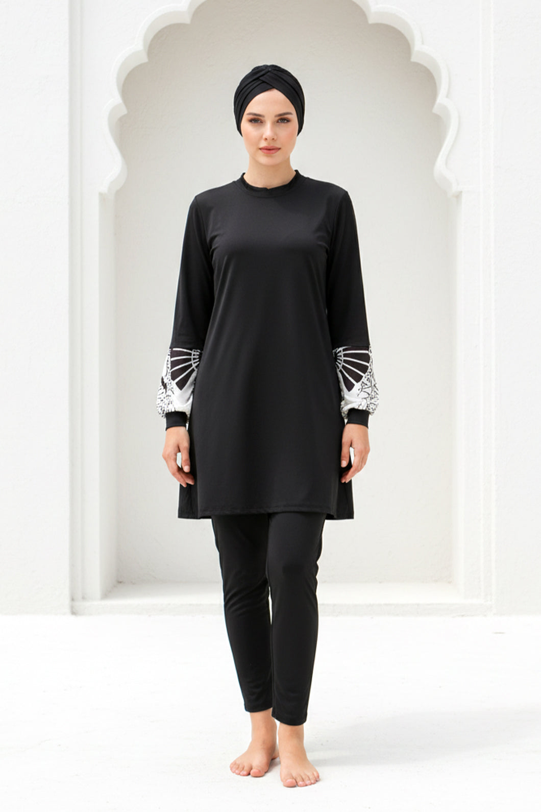 Fully Covered Black Patterned Lycra Women’s Burkini Modest Swimwear Set – Model M2114