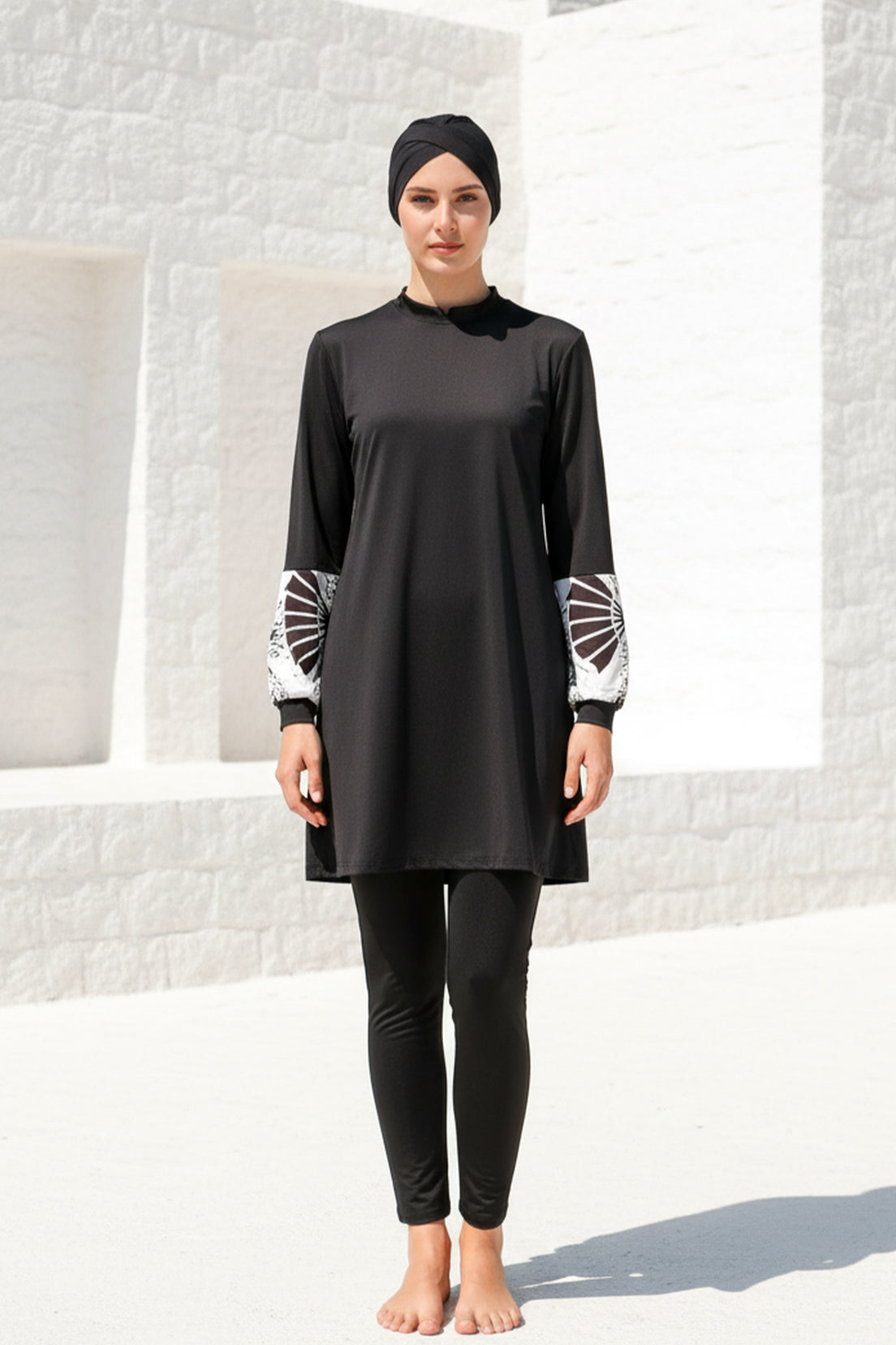 Fully Covered Black Patterned Lycra Women’s Burkini Modest Swimwear Set – Model M2114