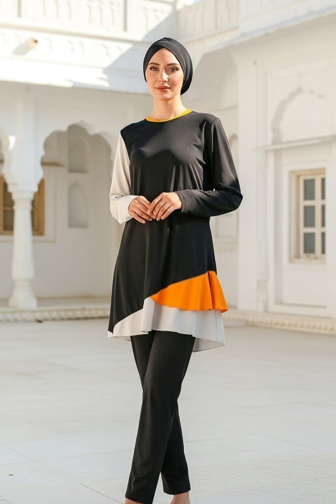 Fully Covered Black Patterned Lycra Burkini Modest Swimwear Set – 4 Piece Model M2115