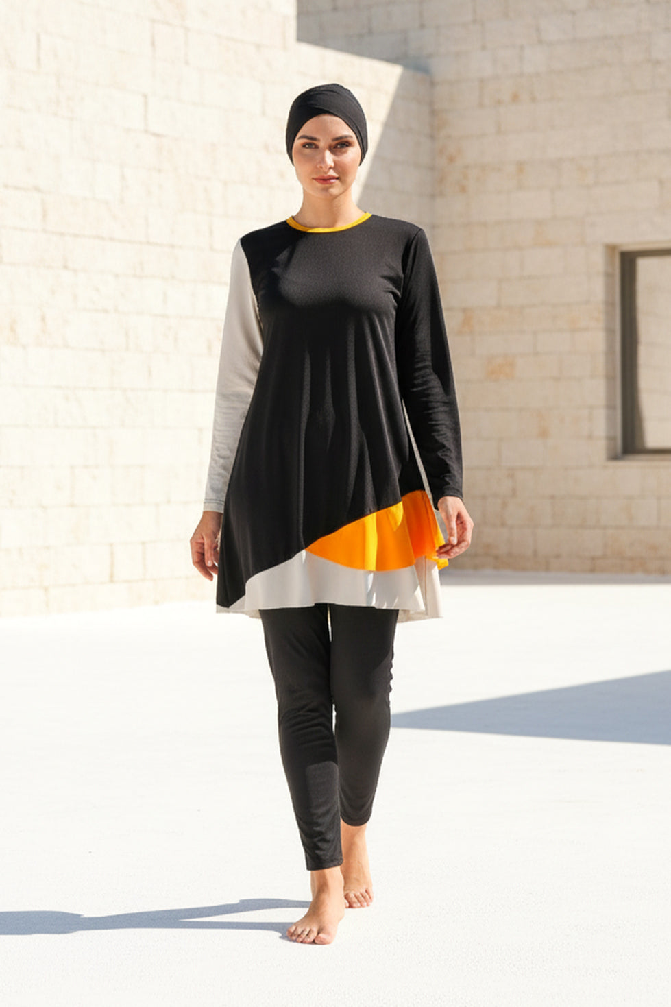 Fully Covered Black Patterned Lycra Burkini Modest Swimwear Set – 4 Piece Model M2115