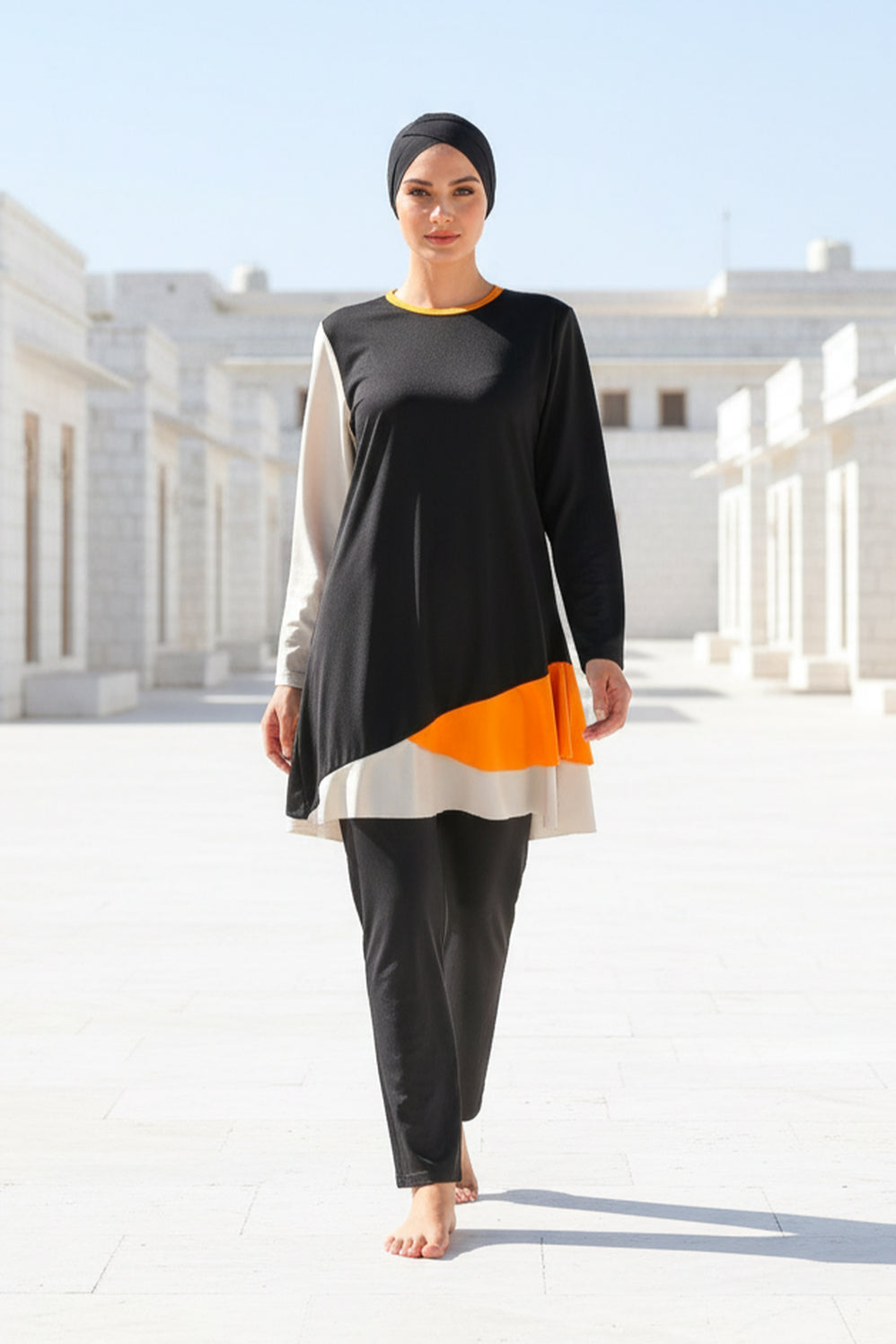 Fully Covered Black Patterned Lycra Burkini Modest Swimwear Set – 4 Piece Model M2115