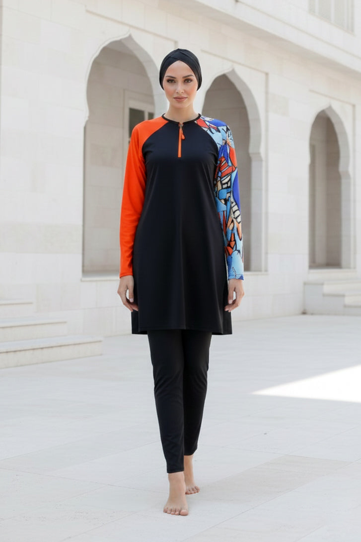 Fully Covered Black Patterned Lycra Women’s Burkini Modest Swimwear Set – Model M2117