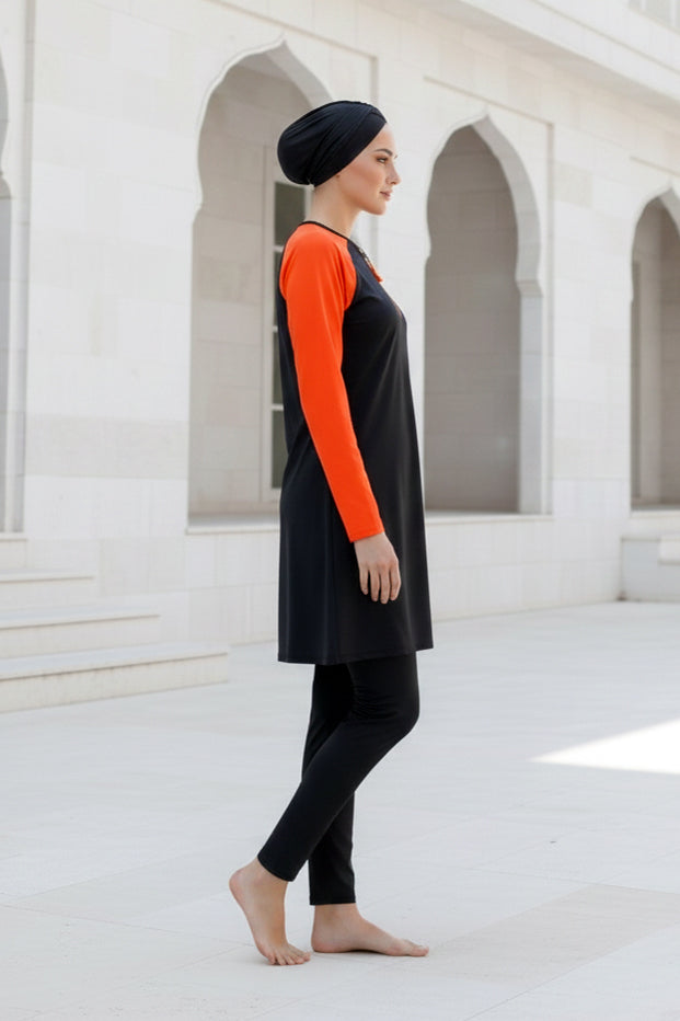 Fully Covered Black Patterned Lycra Women’s Burkini Modest Swimwear Set – Model M2117