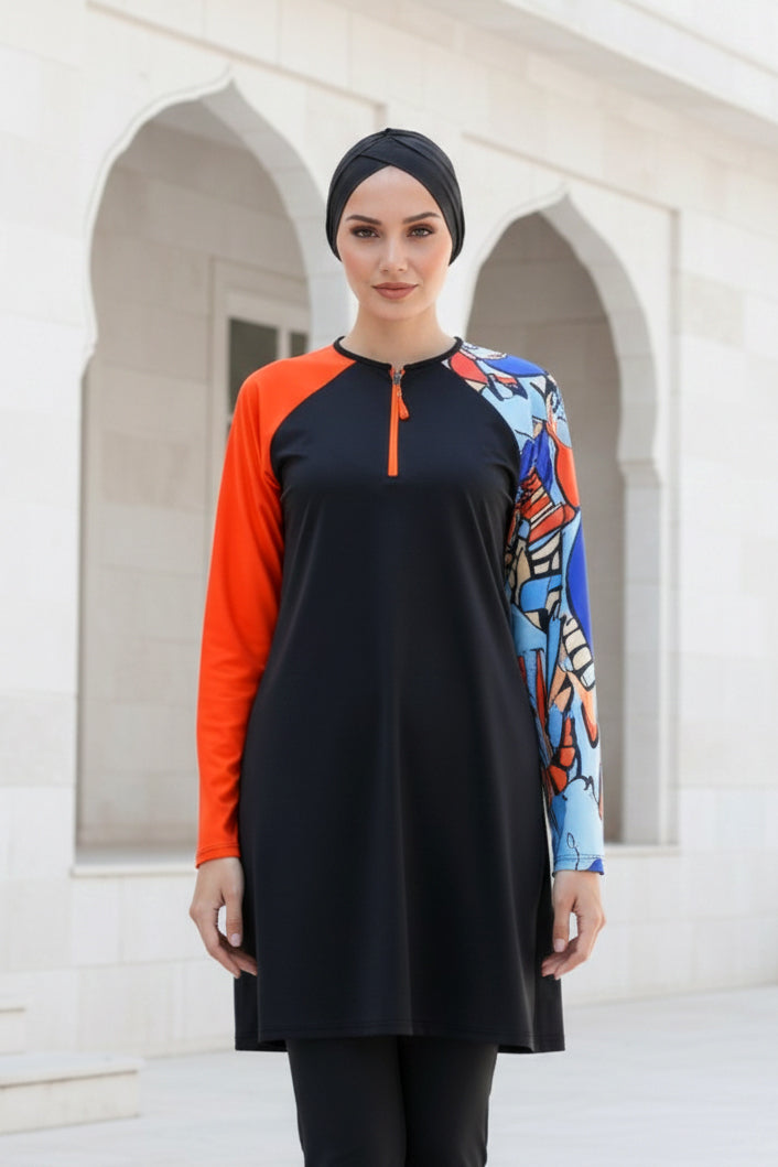 Fully Covered Black Patterned Lycra Women’s Burkini Modest Swimwear Set – Model M2117