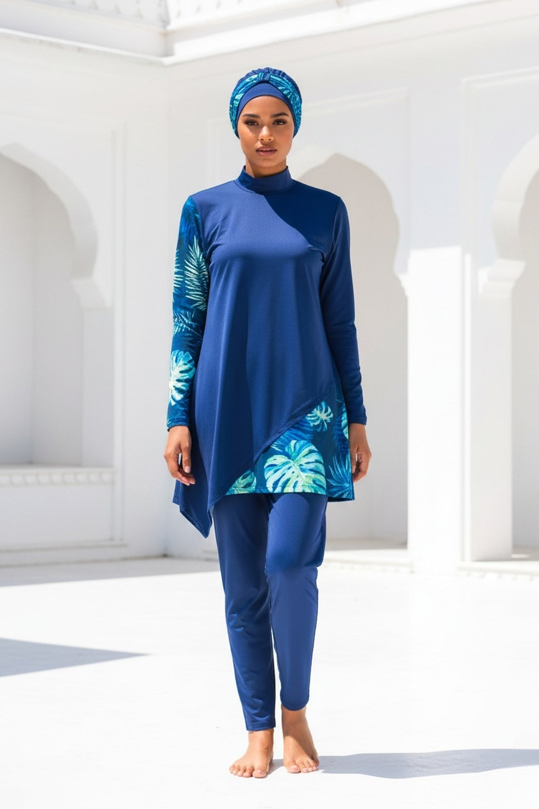 Fully Covered Navy Blue Patterned Lycra Burkini Modest Swimwear Set – 4 Piece Model M2125
