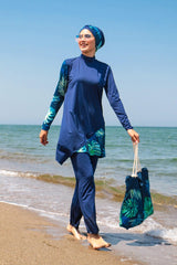 Fully Covered Navy Blue Patterned Lycra Burkini Modest Swimwear Set – 4 Piece Model M2125