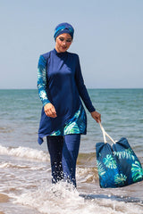 Fully Covered Navy Blue Patterned Lycra Burkini Modest Swimwear Set – 4 Piece Model M2125