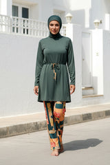 Khaki 3 Piece Tie-Waist Burkini Set – Full Coverage Modest Swimwear M2226