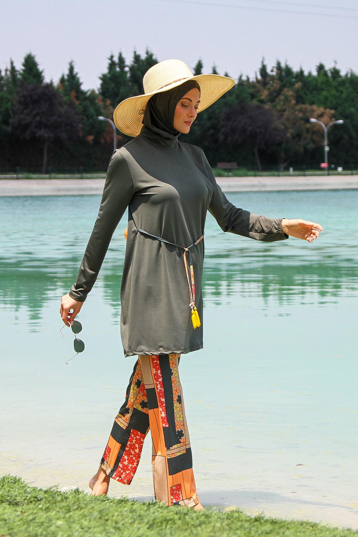 Khaki 3 Piece Tie-Waist Burkini Set – Full Coverage Modest Swimwear M2226