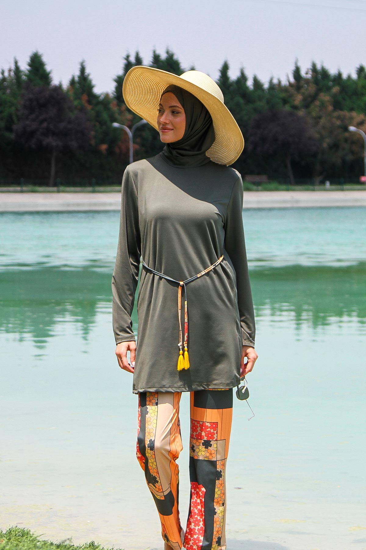 Khaki 3 Piece Tie-Waist Burkini Set – Full Coverage Modest Swimwear M2226
