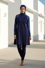 3 Piece Navy Printed Full Coverage Modest Swimwear Set – M2230