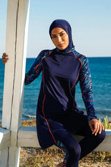 3 Piece Navy Printed Full Coverage Modest Swimwear Set – M2230