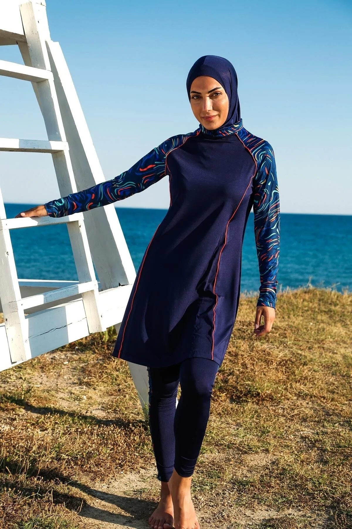 3 Piece Navy Printed Full Coverage Modest Swimwear Set – M2230