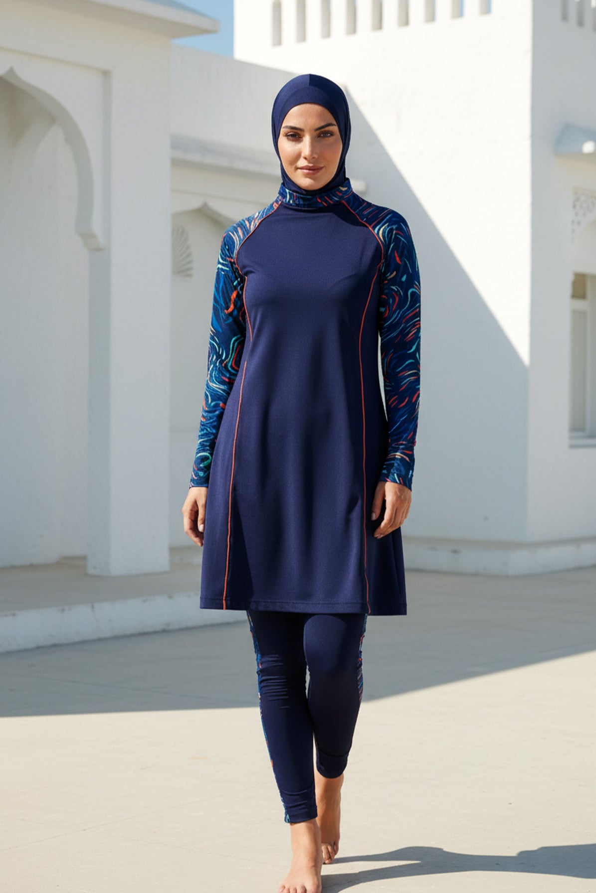 3 Piece Navy Printed Full Coverage Modest Swimwear Set – M2230