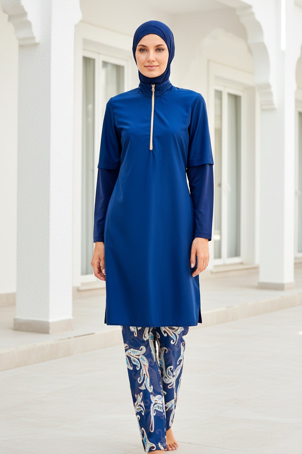 طقم بوركيني من أربع قطع بنقشة أوراق الشجر باللون الكحلي - ملابس سباحة محتشمة بتغطية كاملة M2260